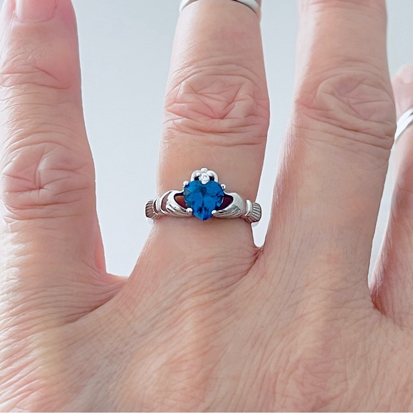 Sterling Silver Claddagh Blue Sapphire CZ Ring, September Birthstone - Picture 11 of 13